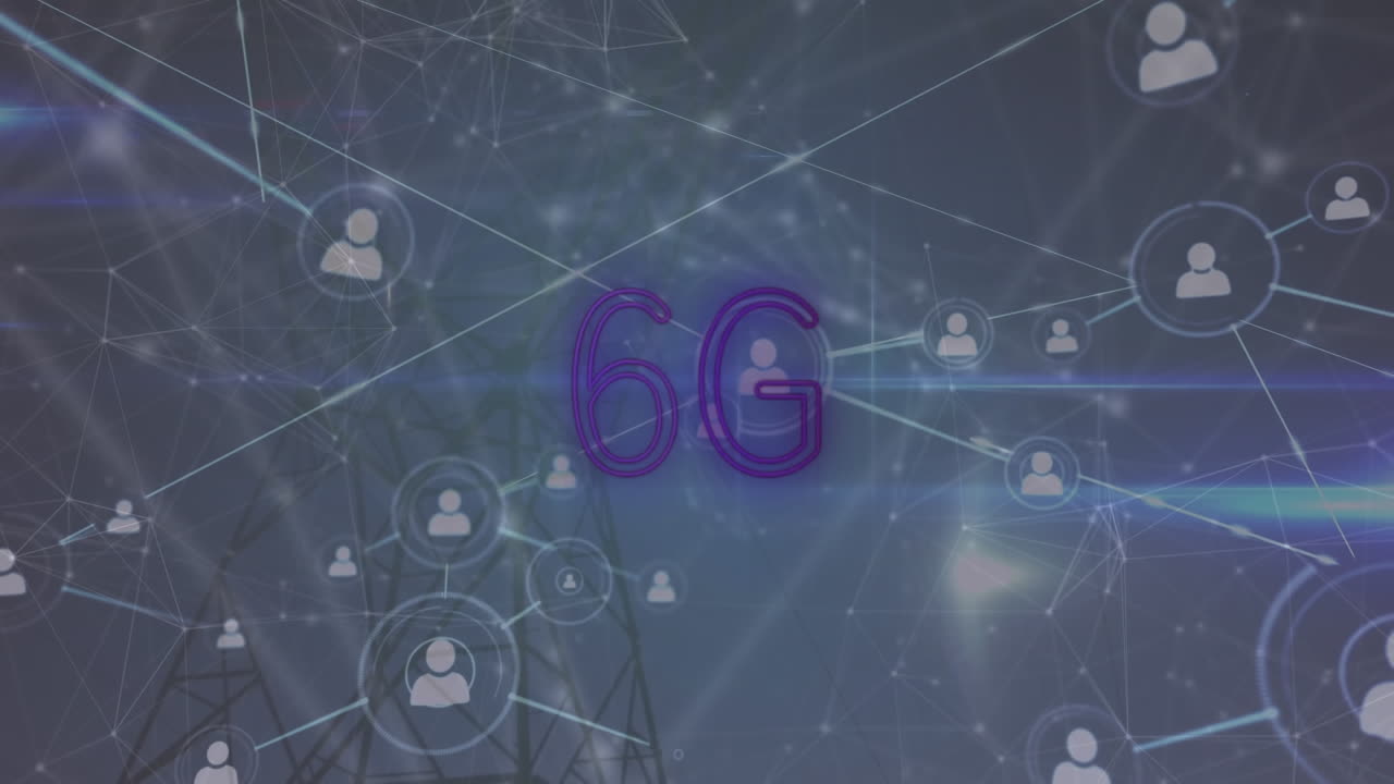 Animation af 6G-tekst og netværk af forbindelser over en elmast
