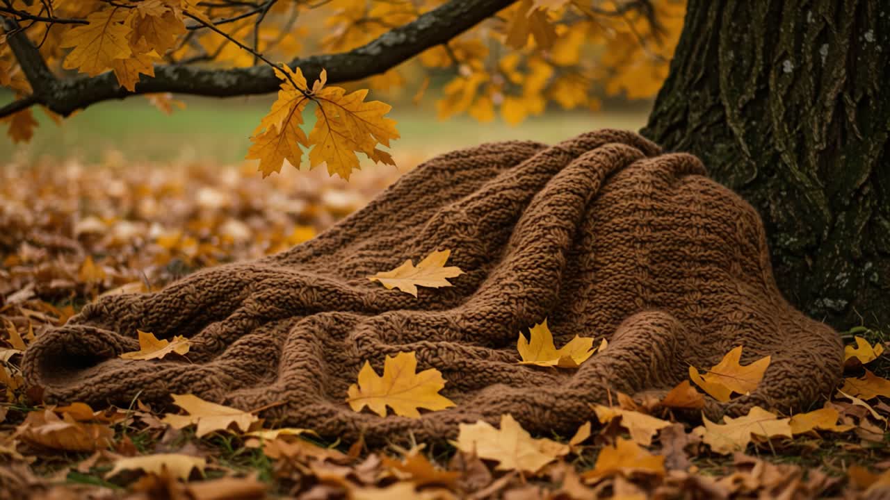 A Cozy Brown Blanket Nestled Under a Tree Surrounded by Vibrant Autumn Leaves, Capturing the Essence of Fall's Warmth and Nature's Beauty