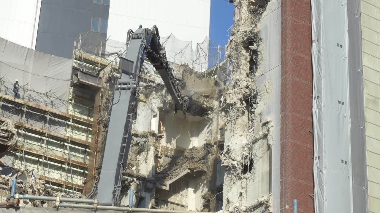 Demolition - Excavator Dismantling, Tearing Down The Structures In Chuo Ward, Osaka, Japan. - wide shot