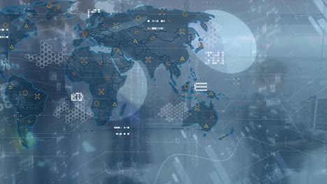 Animation-of-world-map-and-data-processing-over-charts-on-interface-screen