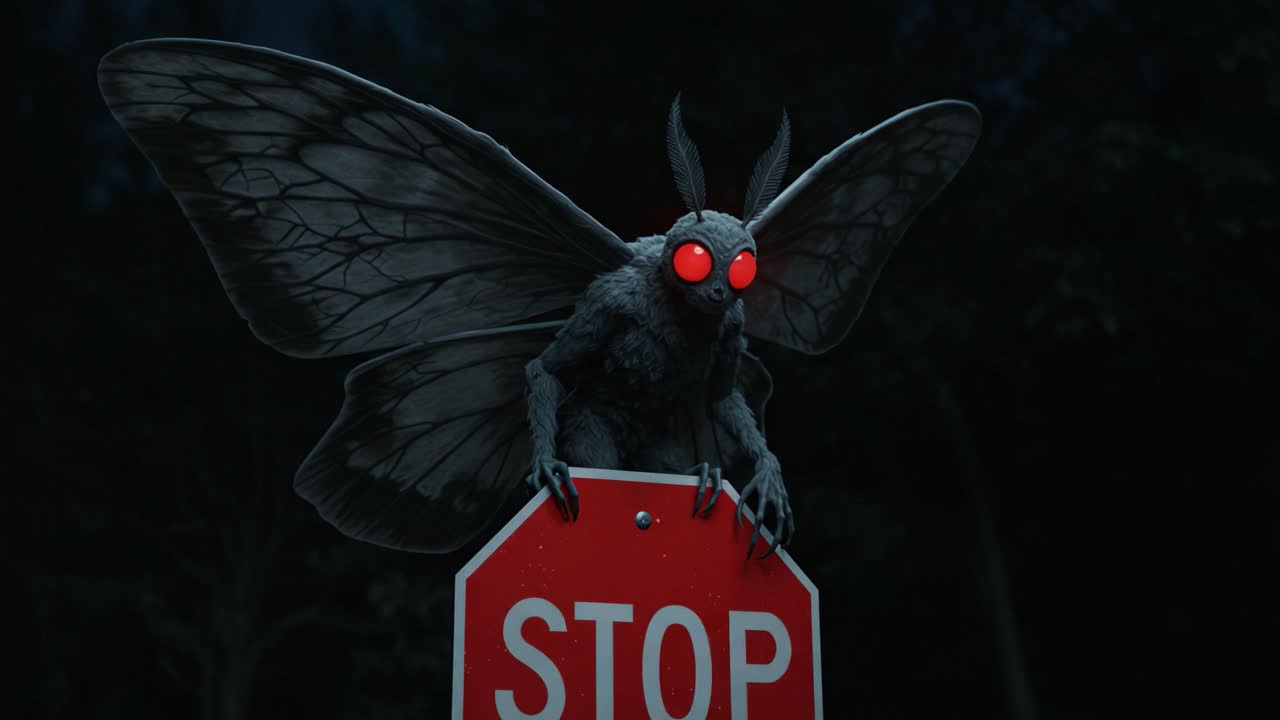 An eerie moth creature with glowing red eyes perches ominously on a stop sign, creating an unsettling atmosphere in a dark and shadowy environment