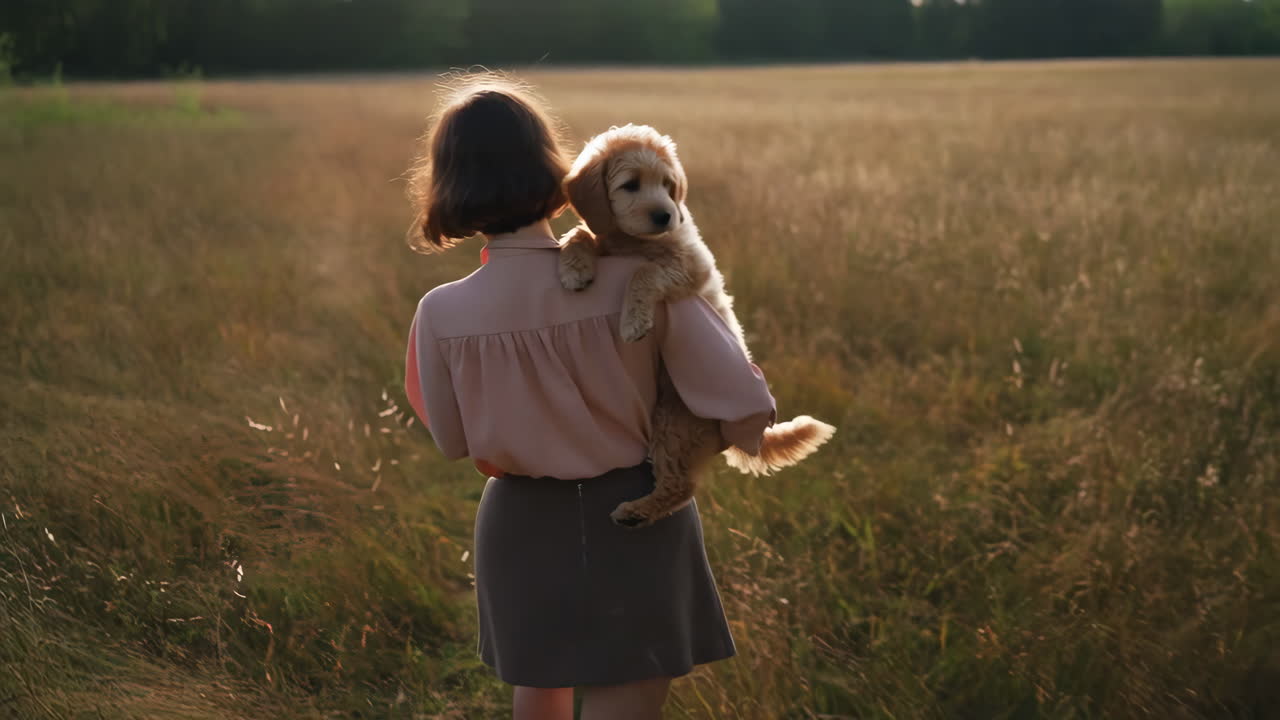 Woman carrying a puppy in a sunlit field