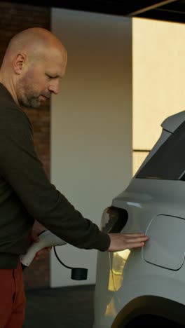 man charging an electric vehicle at home