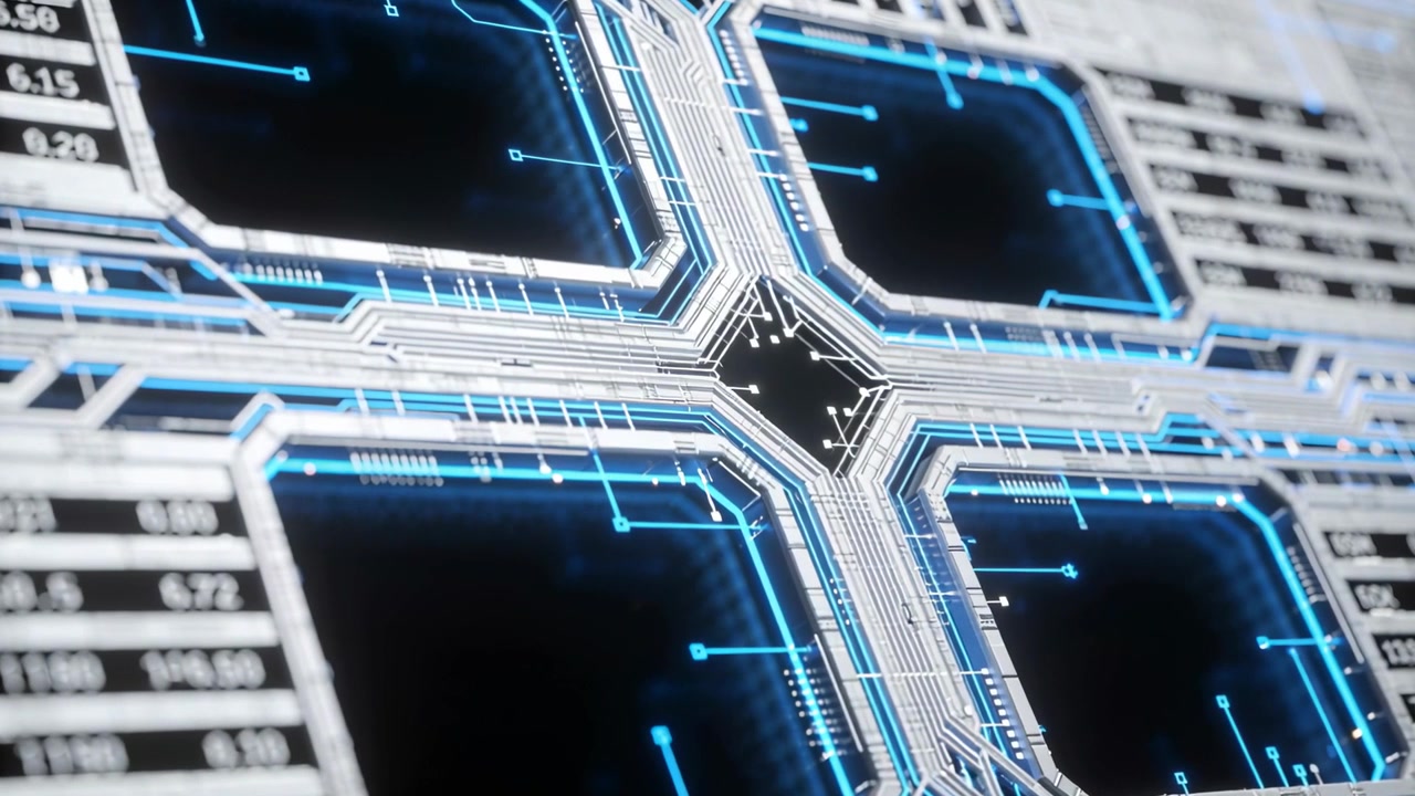 Panning cam revealing cross circuit four pads on screen, showing lit blue nodes, tables for detail