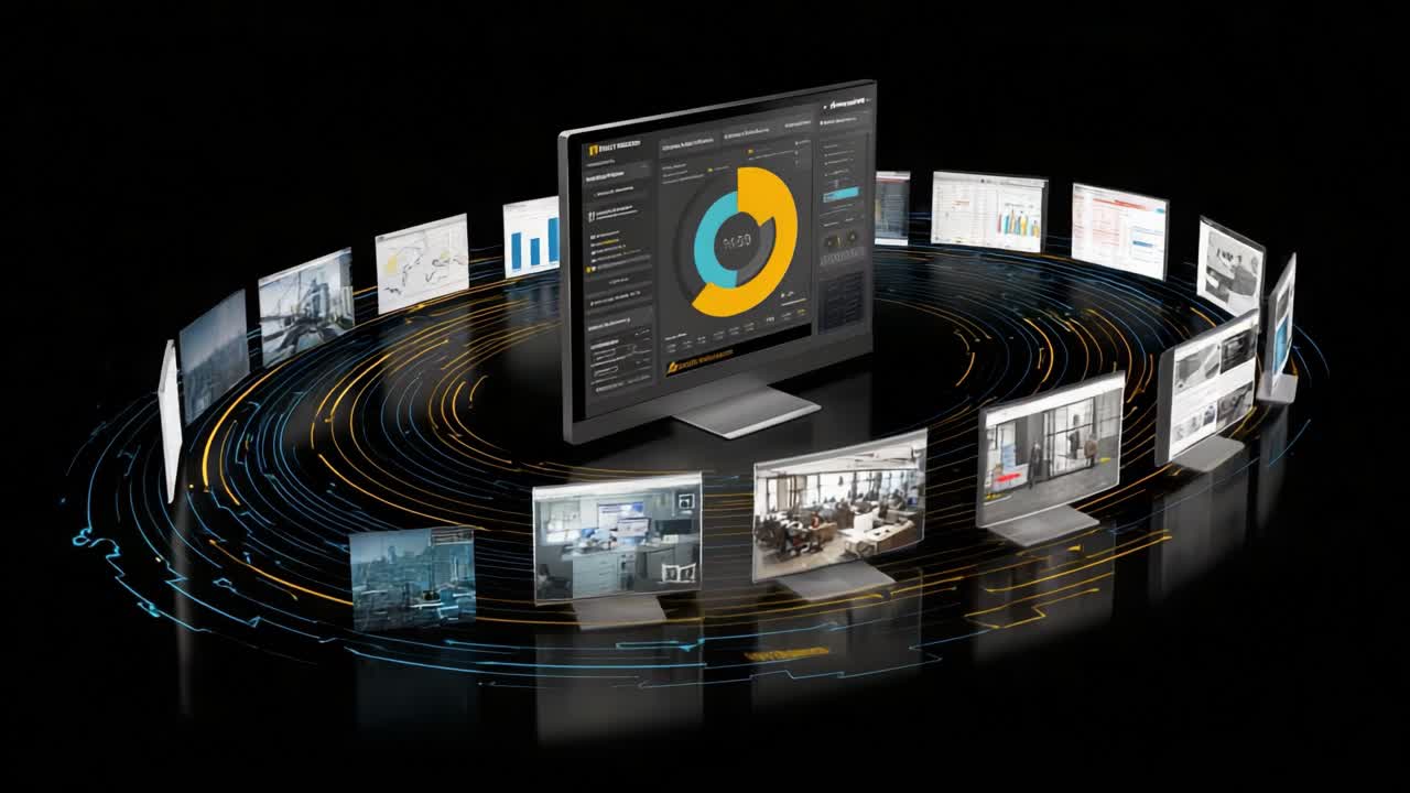 Dynamic Visualization of Data Management and Analysis Across Multiple Screens Highlighting Efficient Use of Technology for Seamless Information Flow and Real-Time Monitoring in Modern Business Environments