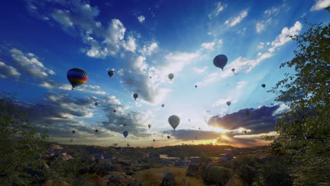 hot air balloons, slowly flying up with others over the city, sunset time
