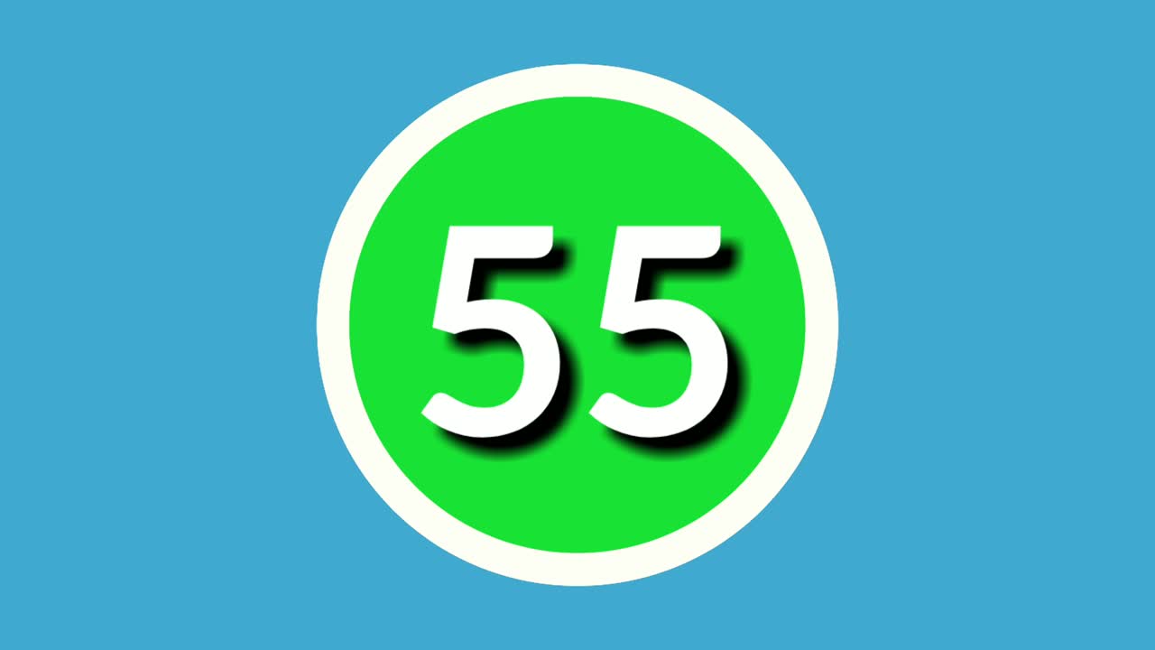 Numero 55 cinquantacinque, animazione grafica in movimento di un simbolo su sfera verde su sfondo blu, numero video cartone animato 4K per elementi video