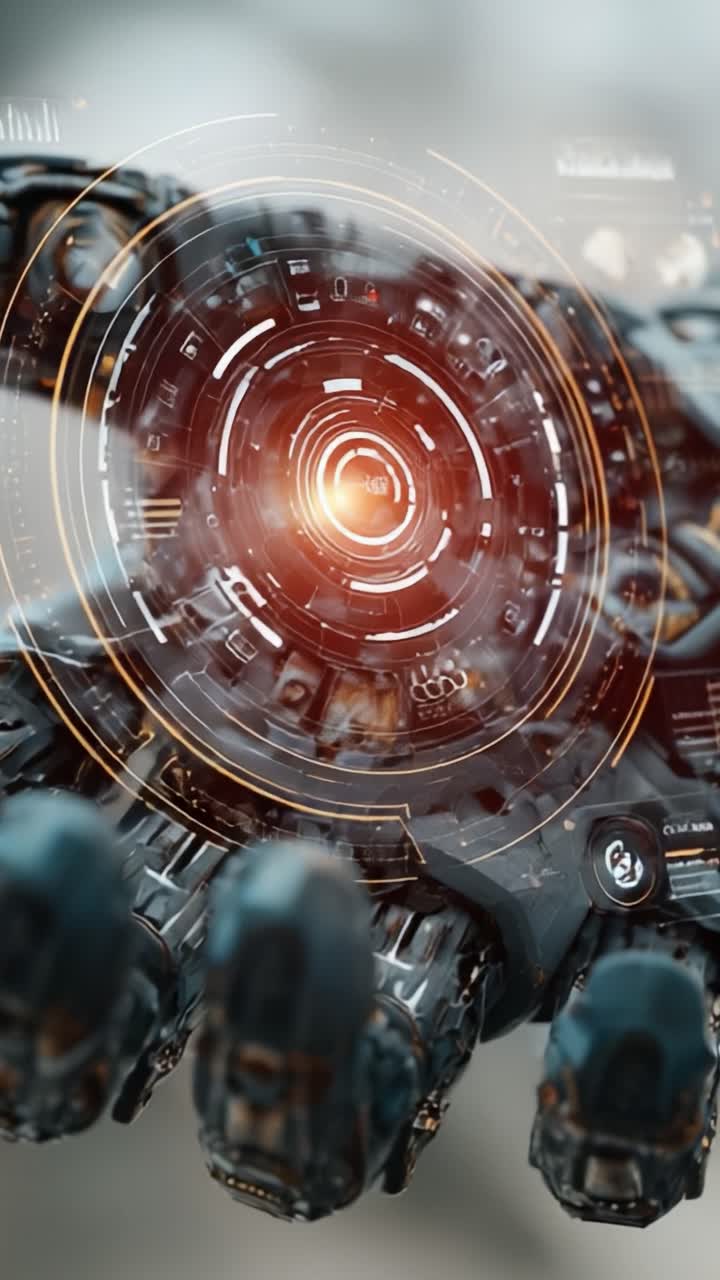 Futuristic Robotic Hand with Holographic Interface: Exploring Advanced Technology and Digital Interaction in Human-Machine Collaboration