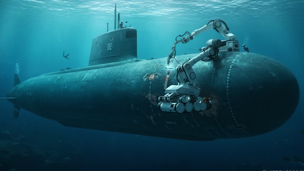 An Advanced Underwater Robotic System Performs Maintenance on a Submerged Submarine, Highlighting Cutting-Edge Technology in Marine Engineering and Exploration