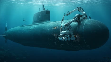 an advanced underwater robotic system performs maintenance on a submerged submarine, highlighting cutting-edge technology in marine engineering and exploration