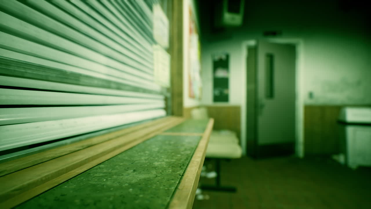 una tienda cerrada con una puerta enrollable y un mostrador en la parte delantera