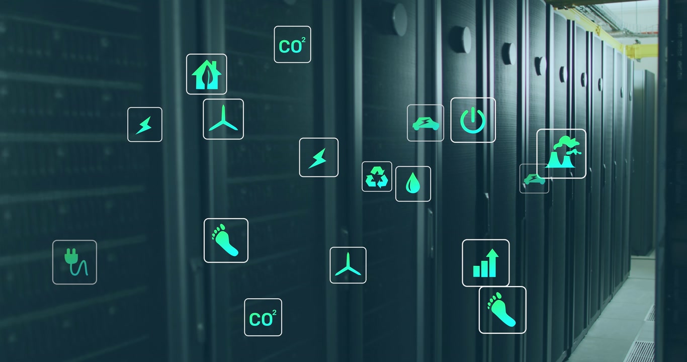 Animation of renewable energy concept icons against computer server room