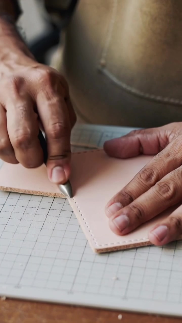 Vertical video: Holding leather with tan apron, hands punching awl along grid mat to stitch