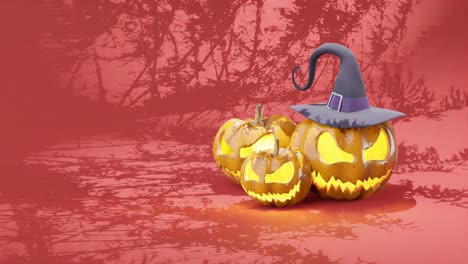 Animación-Espeluznante-De-Halloween-Con-Calabazas-Contra-Fondo-Rojo.