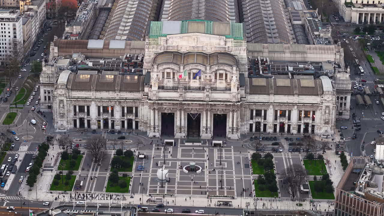 Aerial drone view of the Milan Central Railway Station in Italy in daylight