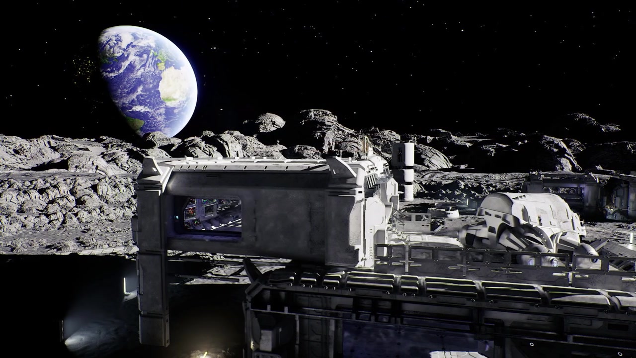 Moon base facilities outer moon station equipped for exploration and study