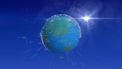 animación del procesamiento de datos y globo sobre fondo azul