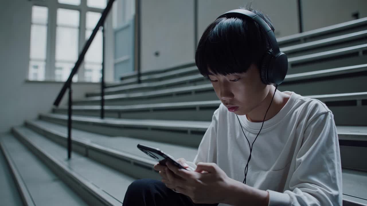 Teenager using smartphone and headphones on stairs