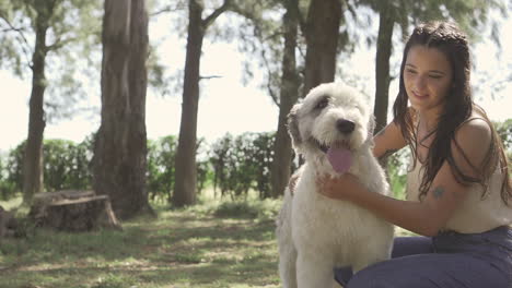 young woman pets a big dog outdoor