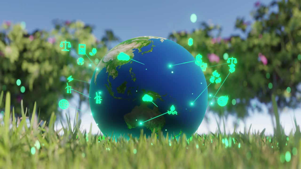 Concetto di ambiente ecologico: piacevole animazione con telecamera che si muove su e giù e vola intorno a un globo di vetro rotante nell'erba verde.