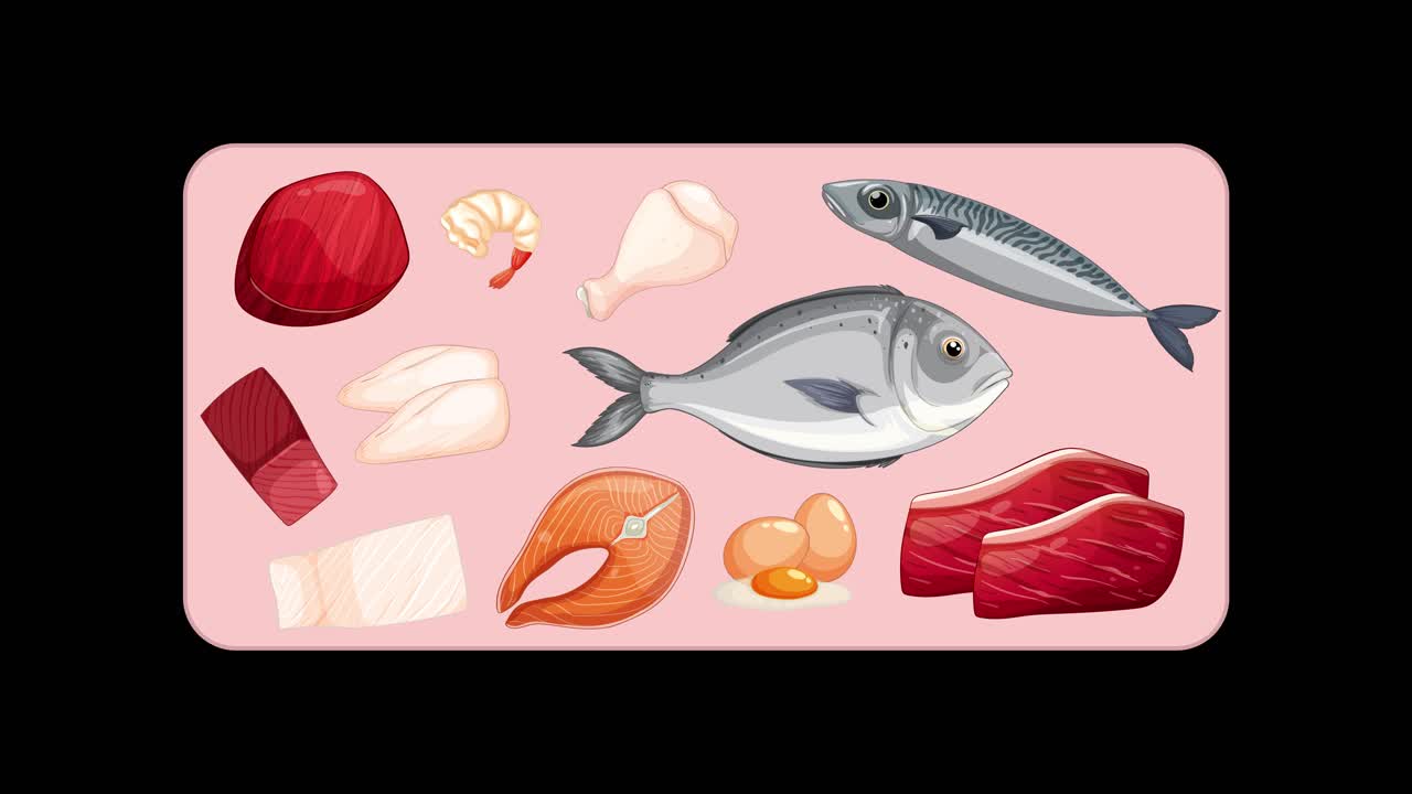 Meat and fish cuts smoothly appear and arrange on a pink rectangle with black background