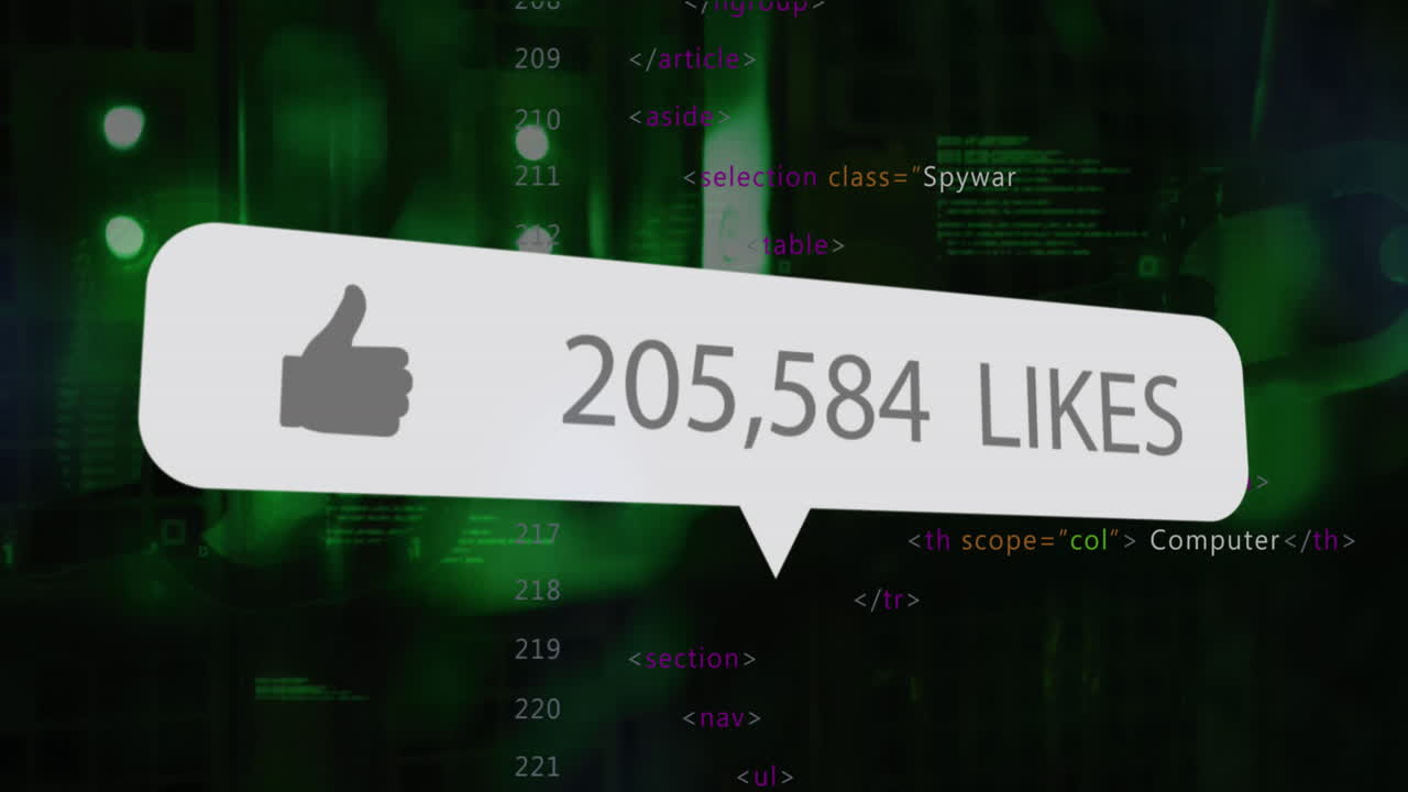 Animation of data processing and social media icon and text