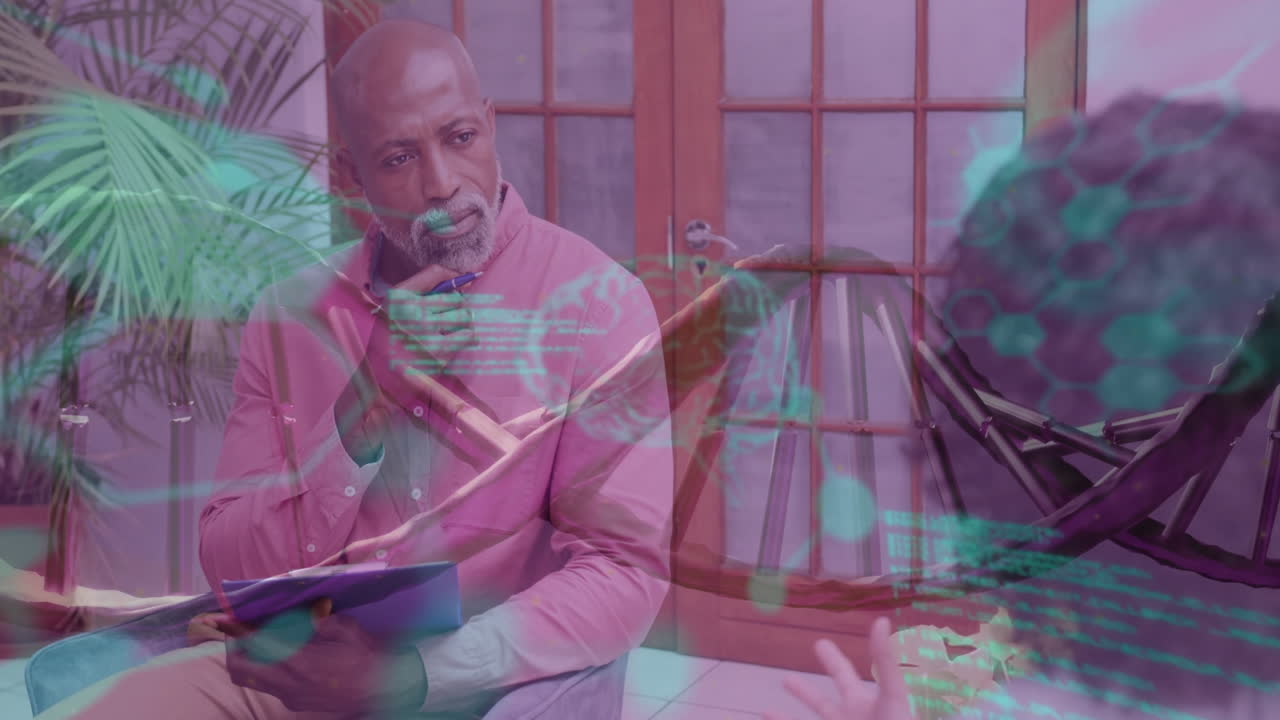 Animation of dna strands over diverse male doctor and patient in hospital