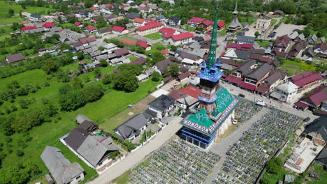 nice aerial view over the merry cemetery in sapanta, romania, famous for its colorful tombstones with naive paintings