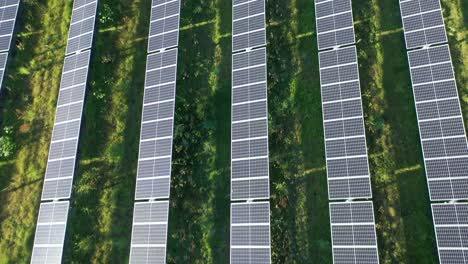 Toma-De-Drone-De-Granja-Solar,-Volando-Sobre-El-Campo-De-Paneles-Solares,-Cámara-Mirando-Hacia-Abajo-Y-Luego-Panoramizando,-Disparada-En-La-Tarde,-En-Warwick-Queensland-Australia-4k