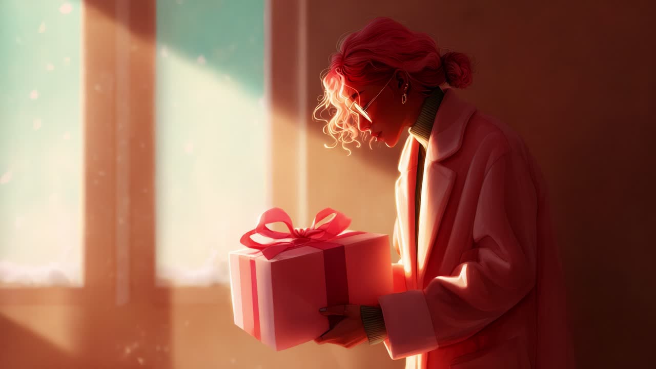 A Thoughtful Gift: A Young Woman in a Pink Coat Holds a Beautifully Wrapped Present in Soft, Warm Light, Reflecting Anticipation and Joy of Giving at Home