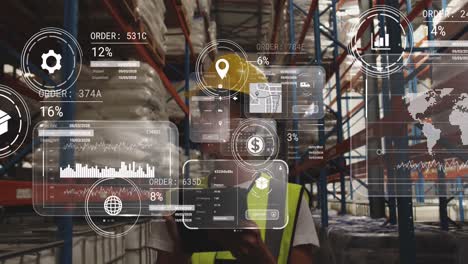 animation of data processing on screen over caucasian woman working in warehouse