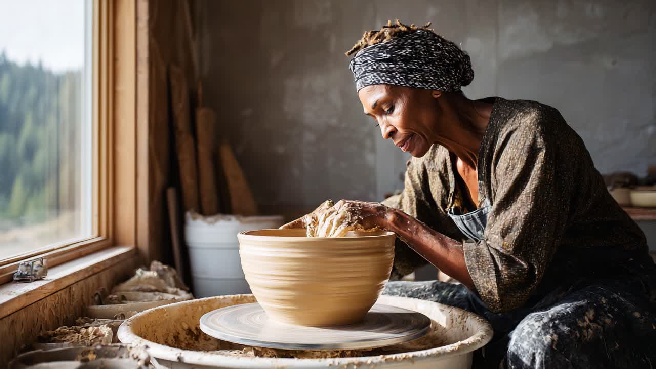 Un artisan dévoué façonne de magnifiques poteries dans un studio baigné de soleil, faisant preuve d’habileté, de passion et de tradition dans chaque mouvement du tour et du travail de l’argile.