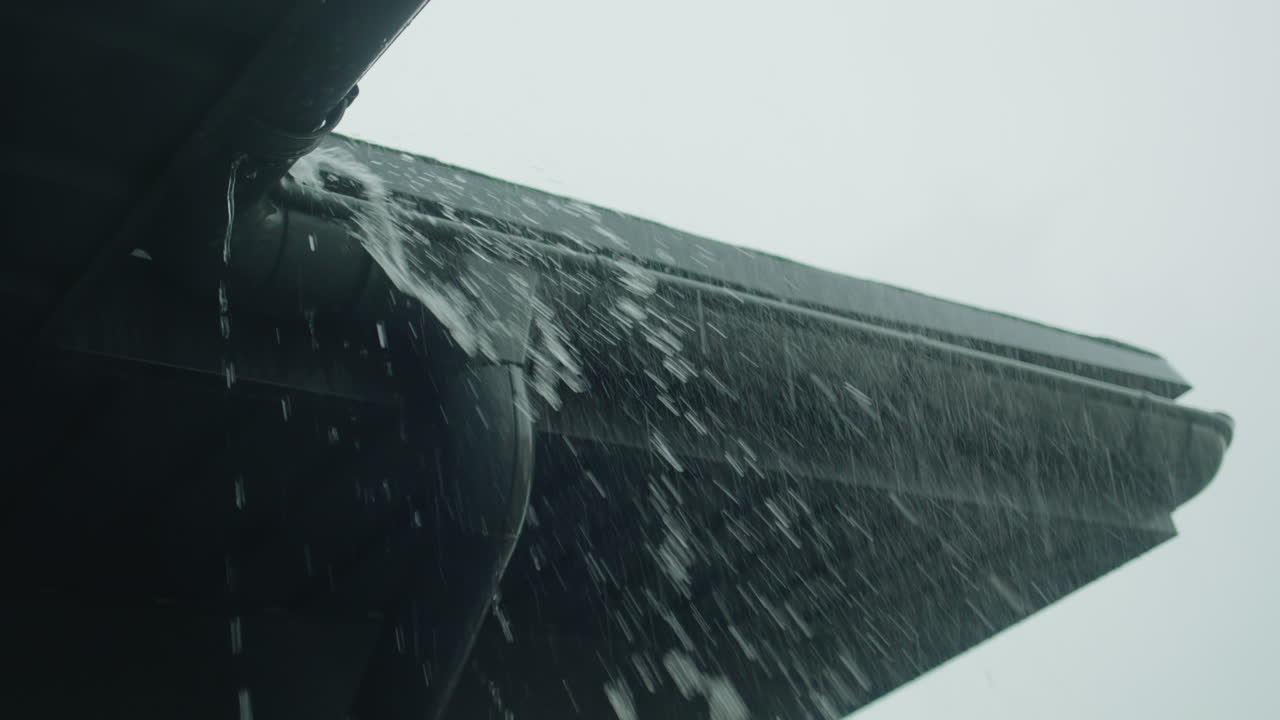 Streams of water pour from the roof over the drainage system.