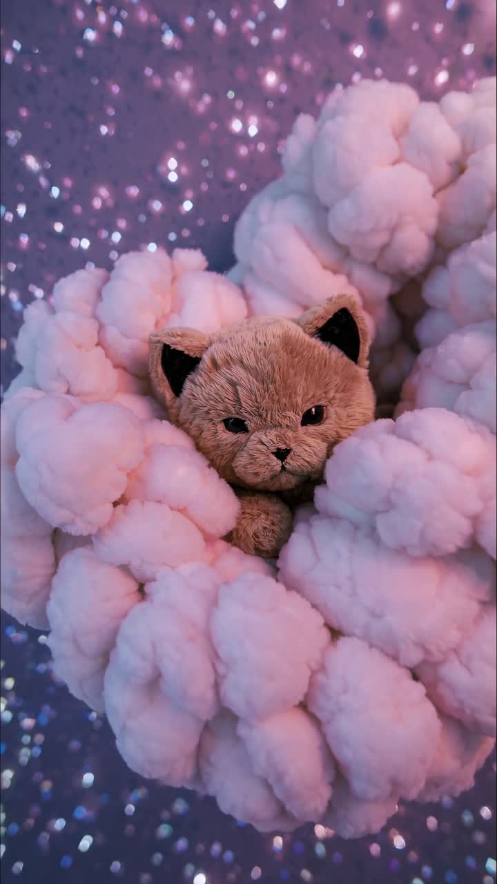 A cozy teddy bear nestled in a heart-shaped cloud with a starry backdrop