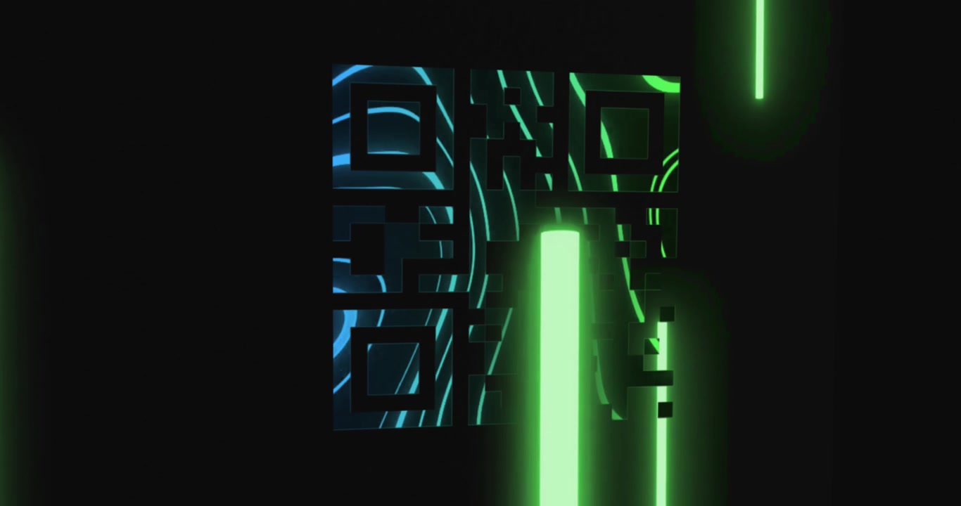 Animation of qr code over neon shapes on black background