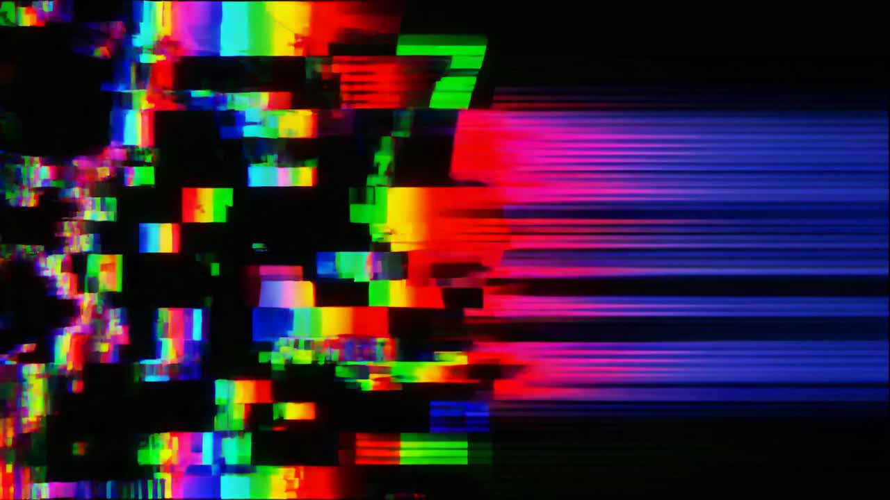 Digital glitch-støj og farverig pixel-forvrængning.