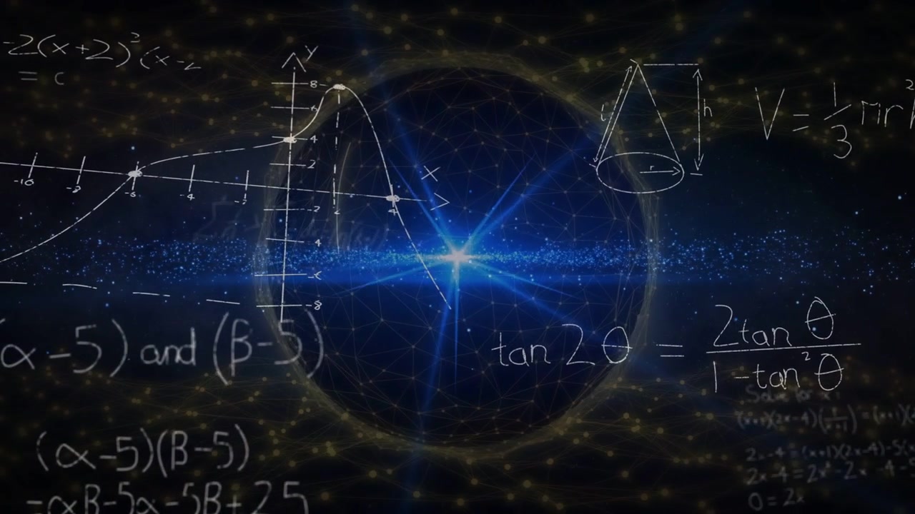 Central blue starburst appearing, spawning chalk equations and graphs, visualizing space math