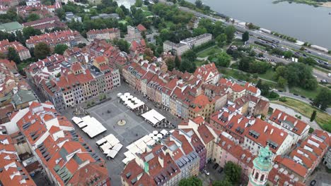 warsaw, poland: drone flying over the famous "old town market place" or "rynek starego miasta