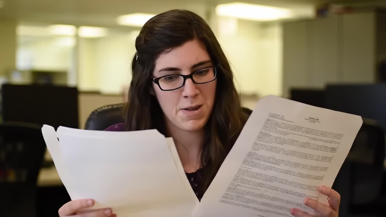 A woman reads through printed documents while seated at her desk in a contemporary office. She appears focused and engaged with the material in front of her.