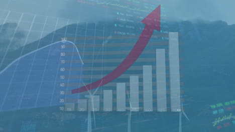 animación del procesamiento de datos estadísticos y bursátiles contra molinos de viento giratorios en prados