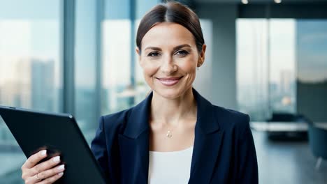 retrato de una mujer de negocios sonriente en una oficina moderna