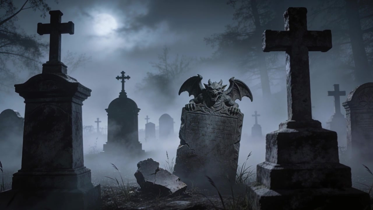 La luna piena che si sposta illumina una tomba con gargoyle al centro del cimitero, con la nebbia che si sposta attorno a una lastra rotta.
