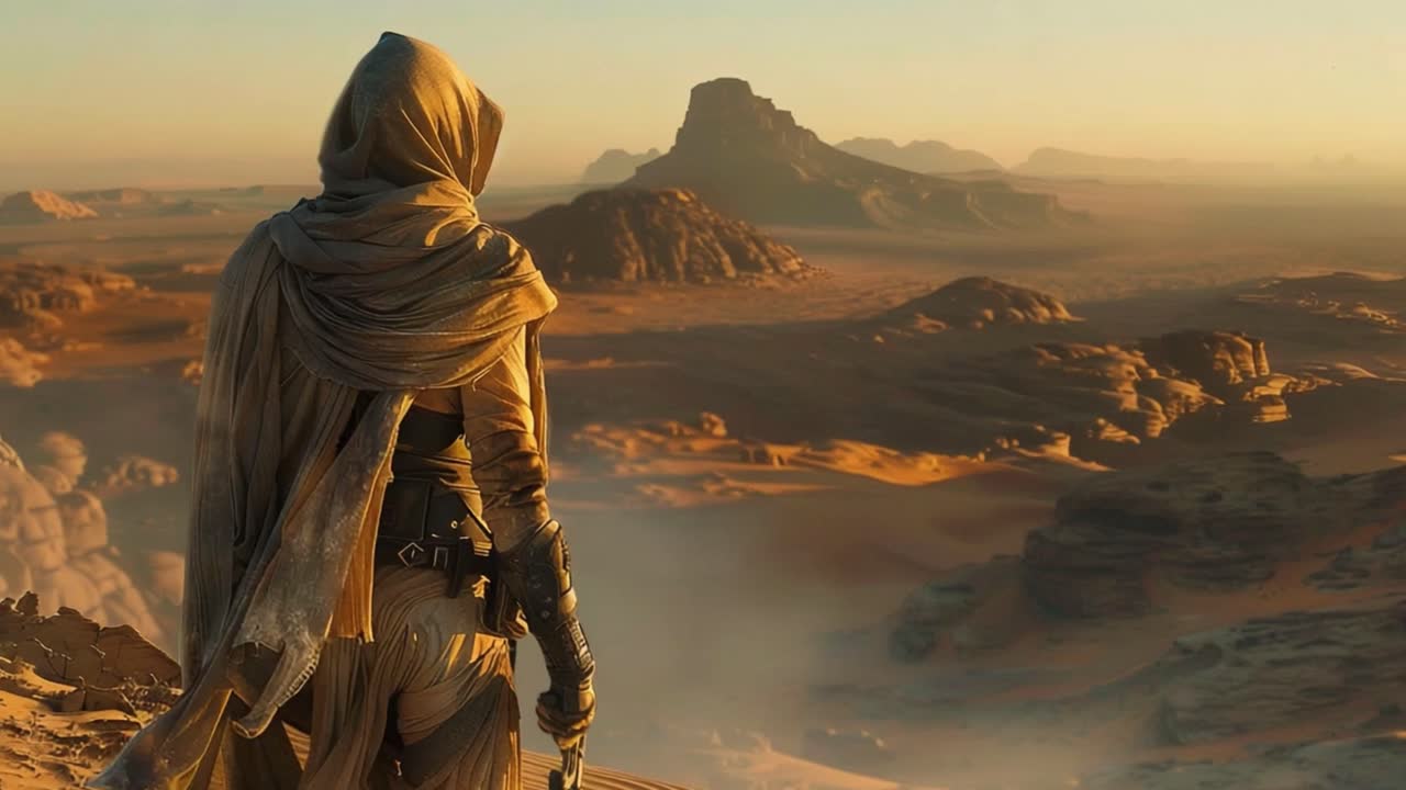 Hooded Figure in a Desert Landscape