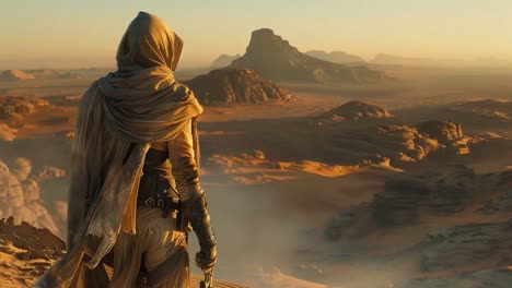hooded figure in a desert landscape