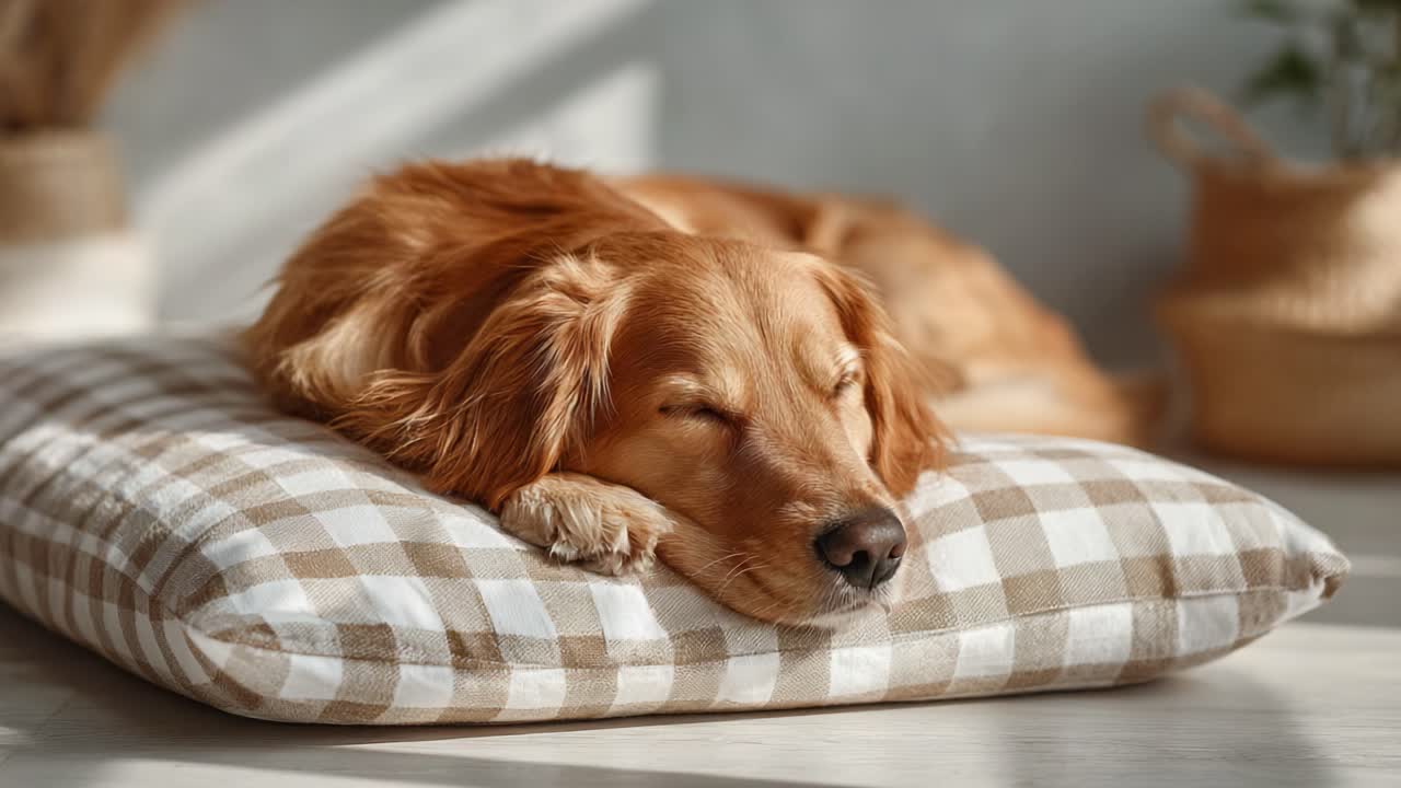A Content Golden Retriever Relaxing Peacefully on a Cozy Pillow, Enjoying Relaxation in Sunlight in a Beautiful Indoor Setting