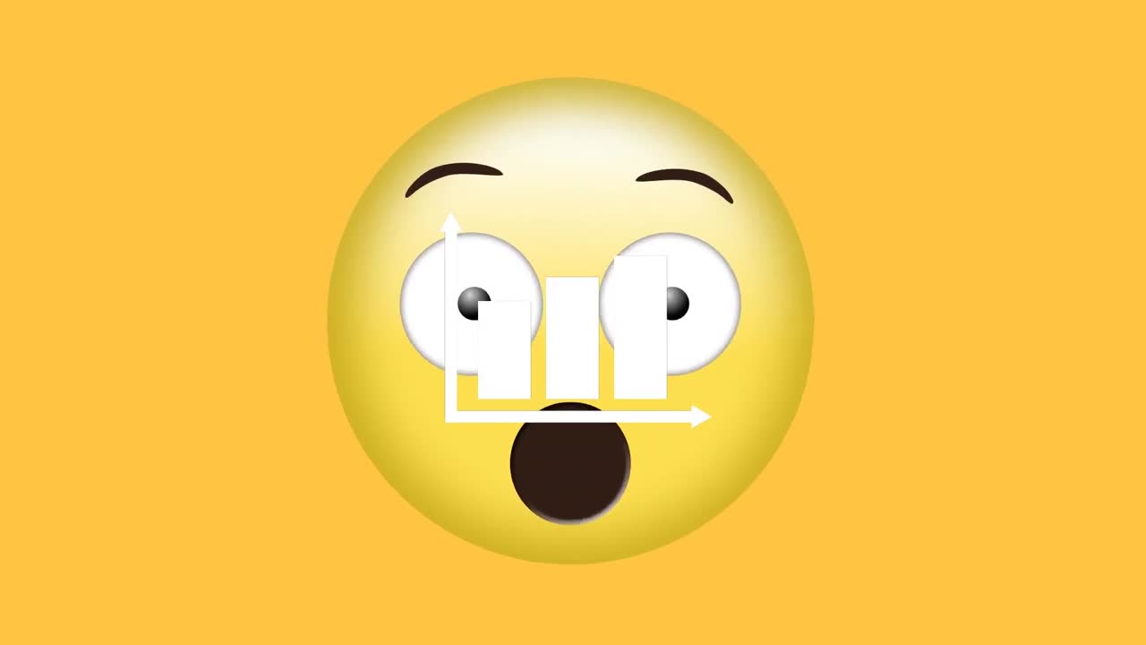 animación digital del icono del gráfico de barras sobre el emoji de cara sorprendida sobre fondo amarillo
