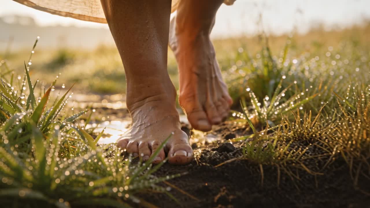 Walking barefoot woman prompted by sun lifting toes into muddy puddle on grassy path, hem swaying