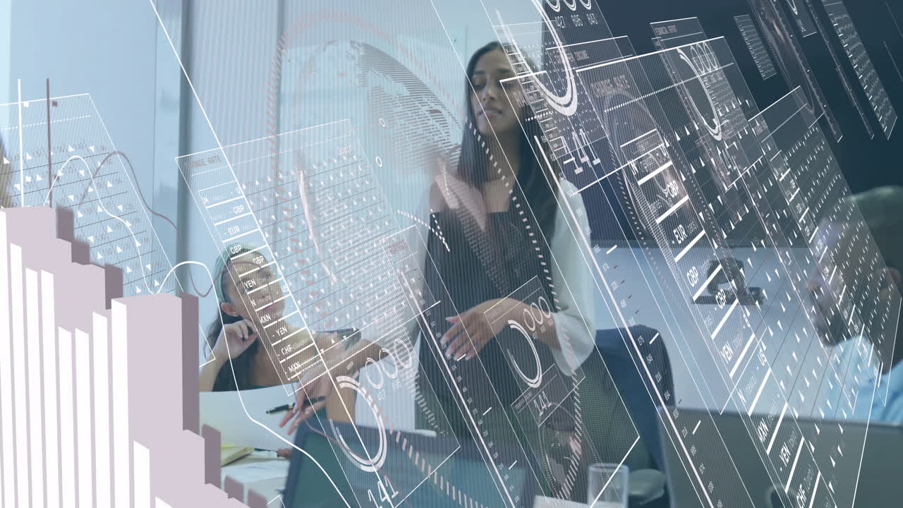 Business professionals in office with financial data processing animation overlay