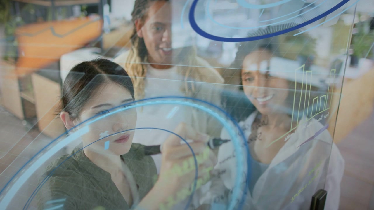 Woman sketching on clear board, touching marker, launching blue HUD, guiding product design team