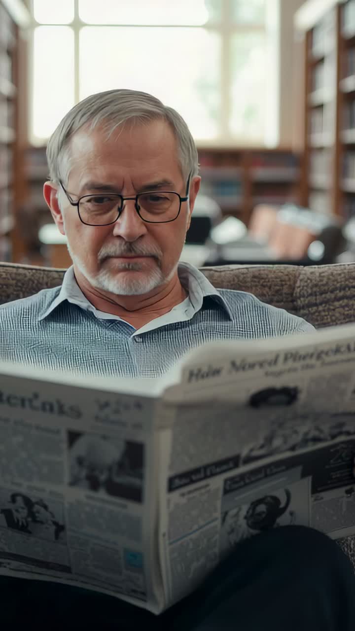 Vídeo vertical: Homem idoso de óculos sentado no sofá em um escritório, pegando um jornal, lendo e fazendo uma pausa